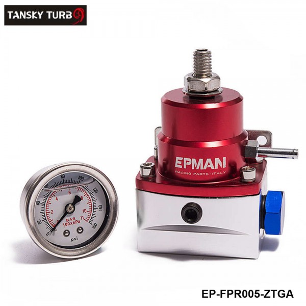 EPMAN- Red-Silver Injected Bypass Aluminum  Adjustable Fuel Pressure Regulator AN6 W 1/8 NPT Gauge EP-FPR005-ZTGA