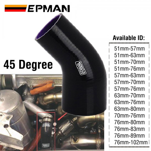 EPMAN 45 Degree Silicone Elbow Reducer Hose BLACK Thickness 4-Ply Much More Reducer ID Option Customs ID EP-SS45R