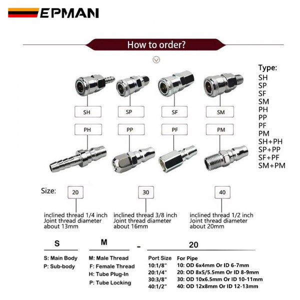 EPMAN 100SETS Or 50SETS/Carton C Type PP SP PF SF PH SH PM SM 10 20 30 40 Pneumatic Connector Rapidities for Air Hose Coupling Compressor Accessories Quick Release Fitting EPAA32G04