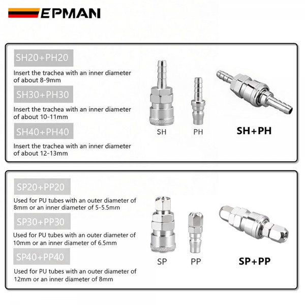 EPMAN 100SETS Or 50SETS/Carton C Type PP SP PF SF PH SH PM SM 10 20 30 40 Pneumatic Connector Rapidities for Air Hose Coupling Compressor Accessories Quick Release Fitting EPAA32G04