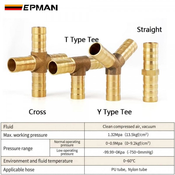 EPMAN 100PCS/Carton Brass Barbed Fitting Straight T Type Tee Y type Tee Cross Pneumatic & Plumbing for Air and Water Hose Quick Fitting Connectors EPAA32G05