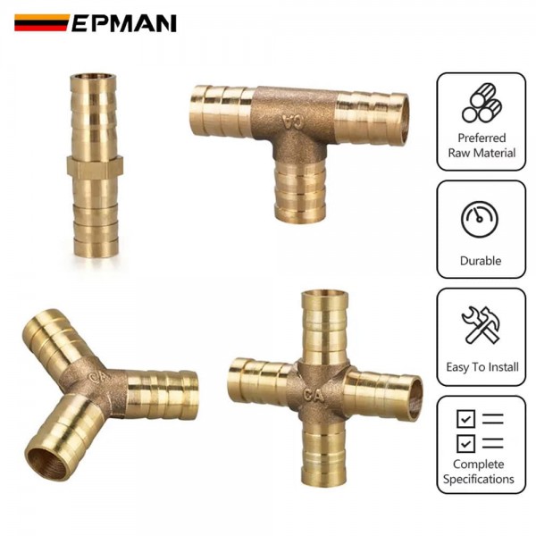 EPMAN 100PCS/Carton Brass Barbed Fitting Straight T Type Tee Y type Tee Cross Pneumatic & Plumbing for Air and Water Hose Quick Fitting Connectors EPAA32G05