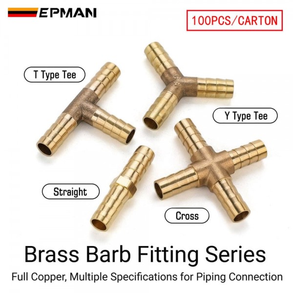 EPMAN 100PCS/Carton Brass Barbed Fitting Straight T Type Tee Y type Tee Cross Pneumatic & Plumbing for Air and Water Hose Quick Fitting Connectors EPAA32G05