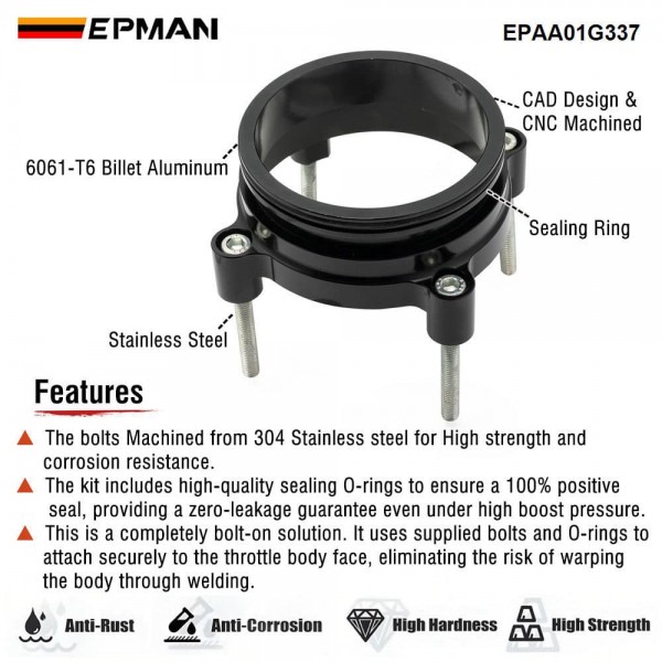 EPMAN Official Throttle Body Adapter 74mm Bore to 3 Inch Clamp Reducer, CNC Machined Aluminum Ferrule for T-Bolt Worm Drive Systems EPAA01G337