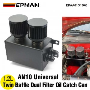 EPMAN 1.2L-10AN Oil Catch Can Reservoir Tank & Dual Breather Filter Baffled Black Aluminum Universal EPAA01G130K