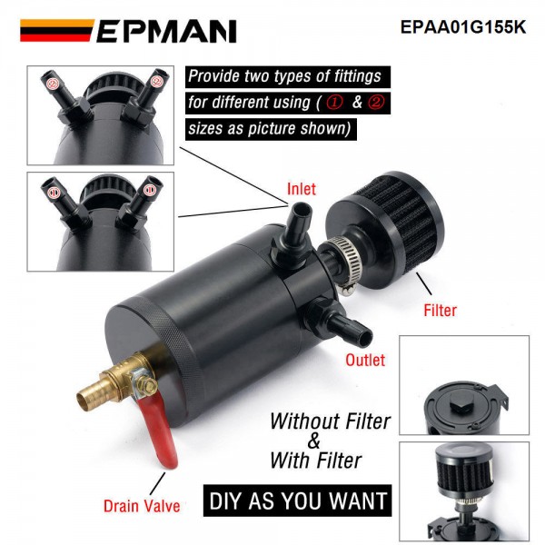 EPMAN Baffled Oil Catch Can Reservoir Tank Universal With Drain Valve 2 Port Aluminum EPAA01G155