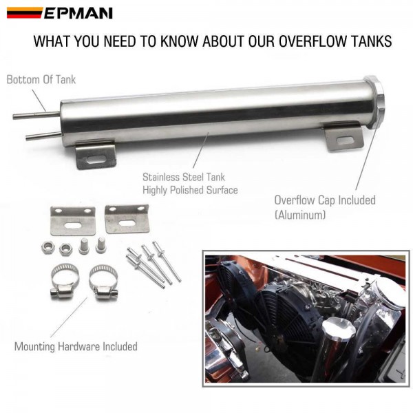 EPMAN Polished Stainless steel Radiator Overflow Tank Bottle Catch Can 2" x 13", 3" x 9",3" x 10" Car Modification Cooling EPMAN Polished Stainless steel Radiator Overflow Tank Bottle Catch Can 2" x 13", 3" x 9",3" x 10" Car Modification Cooling