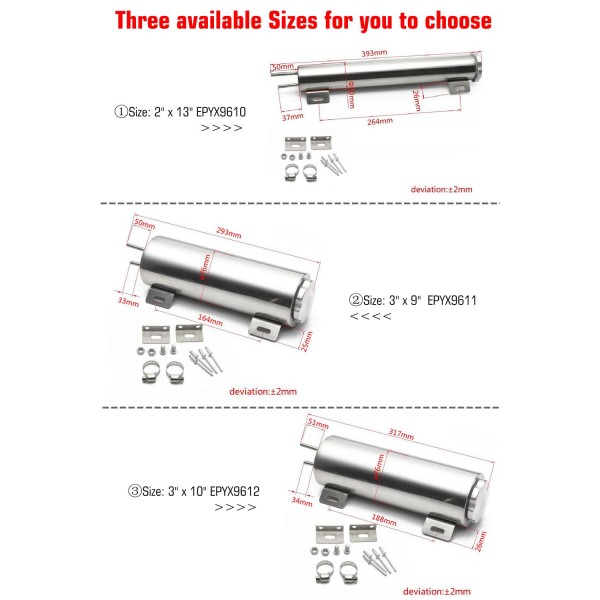 EPMAN Polished Stainless steel Radiator Overflow Tank Bottle Catch Can 2" x 13", 3" x 9",3" x 10"  Car Modification Cooling