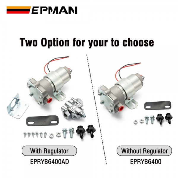 EPMAN 110 GPH Electric Fuel Pump With Regulator Street Strip Carbureted Applications 14 PSI Universal Fits 3/8" NPT Ports EPRYB6400AD EPMAN 110 GPH Electric Fuel Pump With Regulator Street Strip Carbureted Applications 14 PSI Universal Fits 3/8" NPT Ports EPRYB6400AD