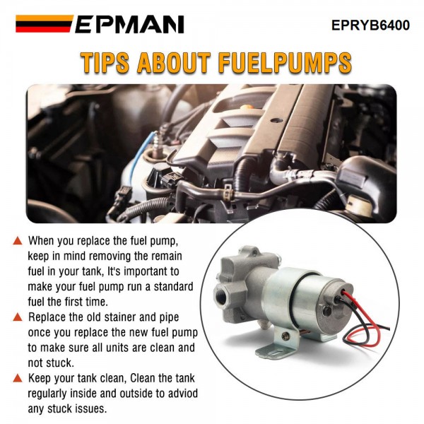 EPMAN 110 GPH Electric Fuel Pump With Regulator Street Strip Carbureted Applications 14 PSI Universal Fits 3/8" NPT Ports EPRYB6400AD EPMAN 110 GPH Electric Fuel Pump With Regulator Street Strip Carbureted Applications 14 PSI Universal Fits 3/8" NPT Ports EPRYB6400AD