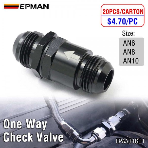 EPMAN 20PCS/CARTON Spring Loaded One Way Check Valve AN6 AN8 AN10 Aluminum Inline Non-Return Valve for Car Boat ATV Truck EPAA31G01-20T