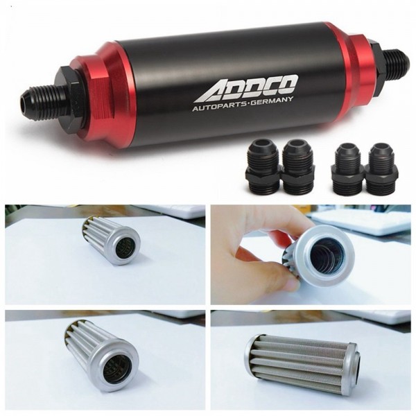 Universal Car Racing In-Line Fuel Oil Filter With AN10 AN8 AN6 Fittings Adapter Black&Red 40 Micron ADF09901