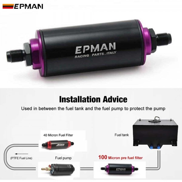 EPMAN Inline Fuel Filter 100 Micron 6AN 8AN 10AN Adapter OD:8.6mm Fittings Universal