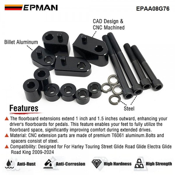 EPMAN Motorcycle Ergonomic 1" & 1.5" Floorboard Extension Kit Spacer Accessories Bolt-On Installation, For Harley Davidson Touring Street EPAA08G76