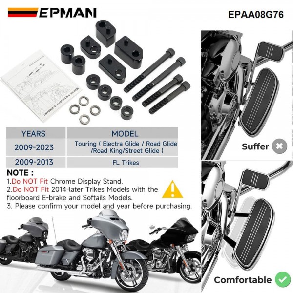 EPMAN Motorcycle Ergonomic 1" & 1.5" Floorboard Extension Kit Spacer Accessories Bolt-On Installation, For Harley Davidson Touring Street EPAA08G76