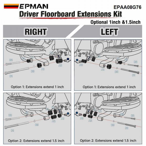 EPMAN Motorcycle Ergonomic 1" & 1.5" Floorboard Extension Kit Spacer Accessories Bolt-On Installation, For Harley Davidson Touring Street EPAA08G76