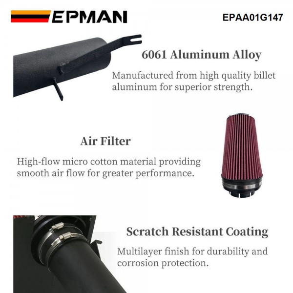 EPMAN Cold Air Intake Black Tube + Heat Shield for GMC/Chevy /Chevrolet V8 4.8L/5.3L/6.0L Silverado 1500/2500/3500 1999-2006 EPAA01G147