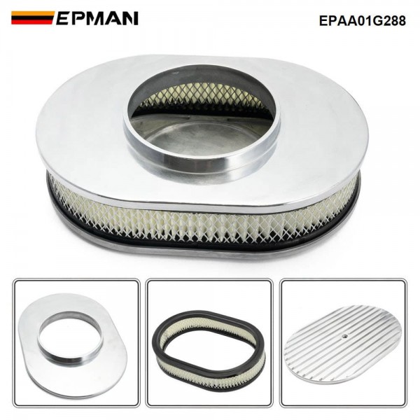 EPMAN 12" Oval Polished Aluminum Full Finned Air Cleaner Assembly Fit Chevy Ford Mopar EPAA01G288
