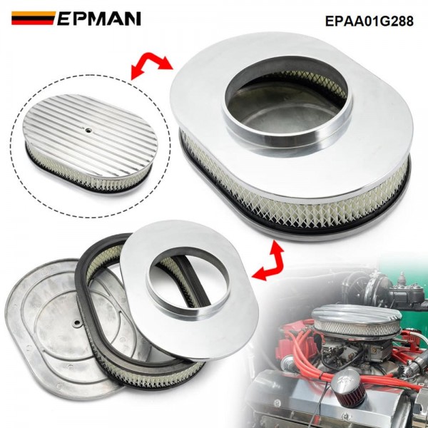 EPMAN 12" Oval Polished Aluminum Full Finned Air Cleaner Assembly Fit Chevy Ford Mopar EPAA01G288