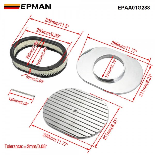 EPMAN 12" Oval Polished Aluminum Full Finned Air Cleaner Assembly Fit Chevy Ford Mopar EPAA01G288