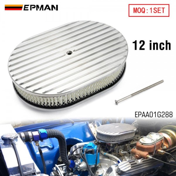 EPMAN 12" Oval Polished Aluminum Full Finned Air Cleaner Assembly Fit Chevy Ford Mopar EPAA01G288