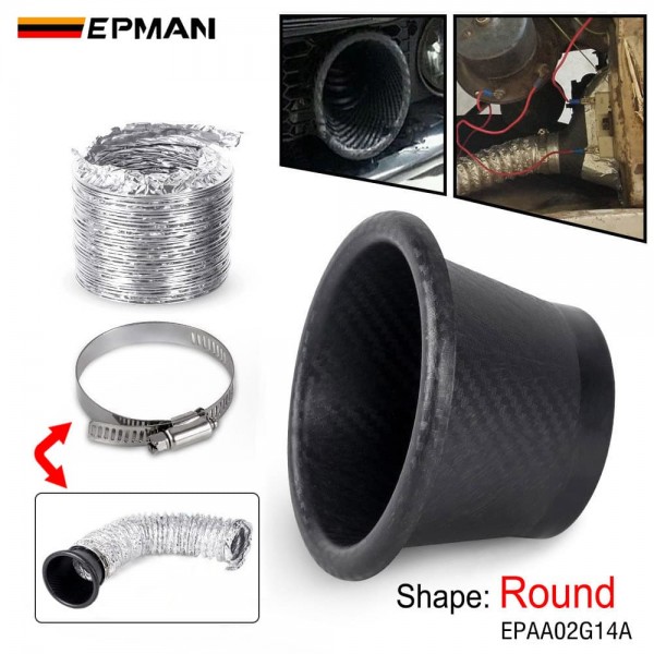 EPMAN 30SETS/CARTON Round Shape Front Bumper Air Inlet Pipe, Turbo Air Intake Pipe Funnel Kit Universal Carbon Fiber Pattern for Most Vehicles EPAA02G14A-30T