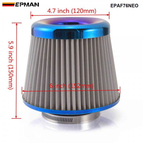 EPMAN Stainless Steel Engine Air Filter 3" Round Tapered Universal Cold Air Intake Cone Filter Burnt Blue EPAF76NEO