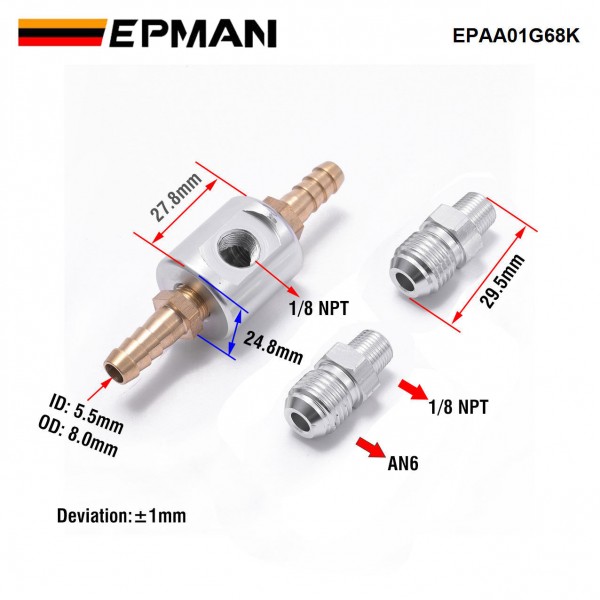 EPMAN 6AN To 1/8 NPT Fitting , 8mm To 1/8 NPT Fitting , 1/8 NPT Tee Fuel Pressure Gauge Adaptor Kit for Fuel Injection System EPAA01G68K