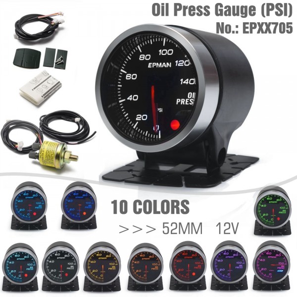 EPMAN 12V 2" 52mm Universal Oil Press Gauge Oil Pressure Meter 0-140PSI 10 Colors Digital LED Display Meter For Car With Sensor And Holder EPXX705