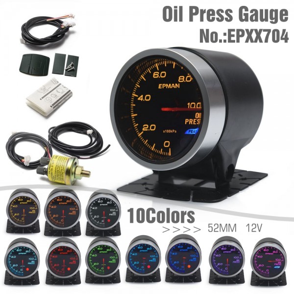 EPMAN Car Auto 12V 2" 52mm Universal Oil Press Gauge Oil Pressure Meter 0-10 x100kpa 10 Colors Digital LED Display Meter For Car With Sensor And Holder EPXX704