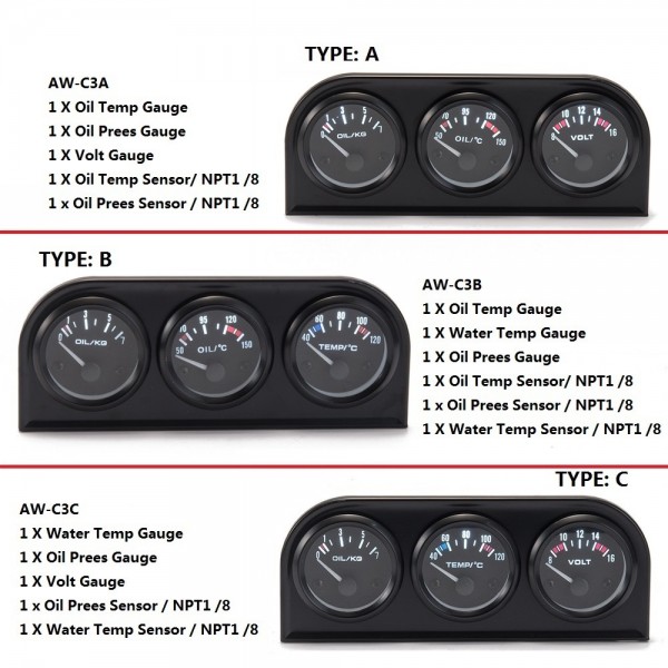 TANSKY - 52mm 3in1 kit Oil Temp Gauge Water Temp Gauge Temperature Oil Pressure Gauge TK-AW-C3A TANSKY - 52mm 3in1 kit Oil Temp Gauge Water Temp Gauge Temperature Oil Pressure Gauge TK-AW-C3A