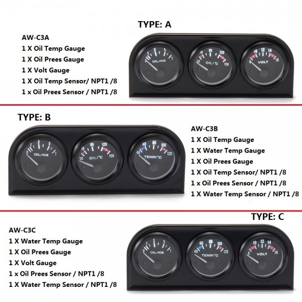 TANSKY - 52mm 3in1 kit Oil Temp Gauge Water Temp Gauge Temperature Oil Pressure Gauge TK-AW-C3B