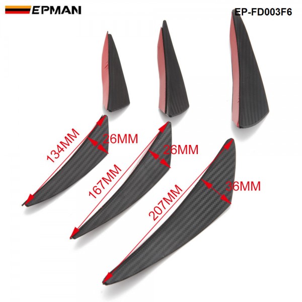 EPMAN 6PCS/Set Car Carbon Fiber Front Bumper Splitter Fins Body Spoiler Canards Valance Chin EP-FD003F6