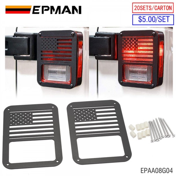 EPMAN 20SETS/CARTON Steel "American US Flag" Tail Light Covers Guards Protectors Compatible with 2007-2018 Jeep Wrangler JK Unlimited Accessories EPAA08G04-20T 