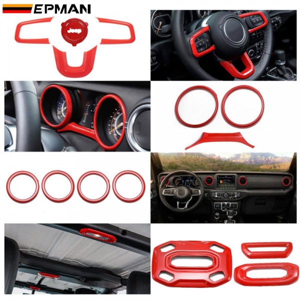 EPMAN 10SETS/CARTON 21PCS/SET Red Car Interior Accessories-Air Conditioning & Switch Button& Reading Light & Steering Wheel etc for Jeep Wrangler & Gladiator 2018- 2022 EPQTJ1821-10T 