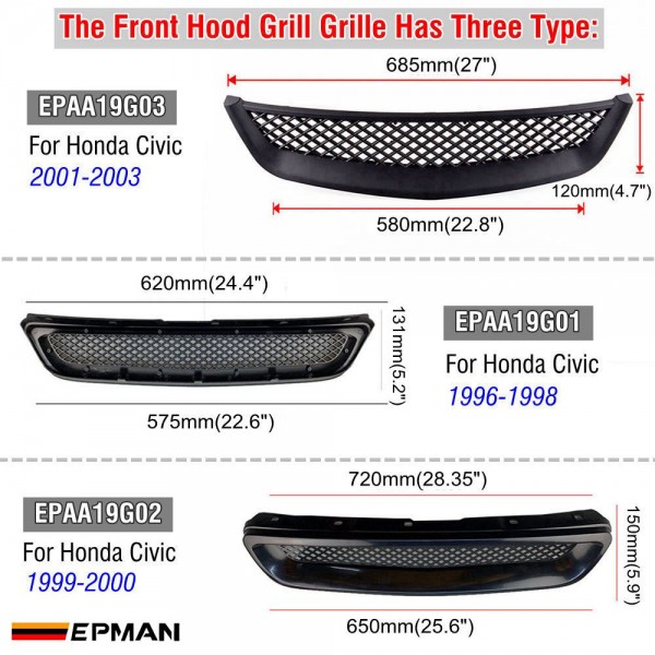 EPMAN 20PCS/CARTON Front Hood Grille Grill Air Flow Intake Mesh Fit for Honda Civic 1996-2003 JDM Type-R Style ABS Bumper Grille EPMAN 20PCS/CARTON Front Hood Grille Grill Air Flow Intake Mesh Fit for Honda Civic 1996-2003 JDM Type-R Style ABS Bumper Grille