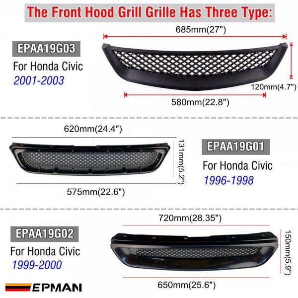 EPMAN 20SETS/CARTON Front Hood Grille Grill Air Flow Intake Mesh Fit for Honda Civic 1996-2003 JDM Type-R Style ABS Bumper Grille