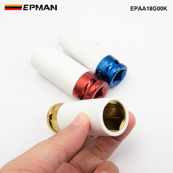 EPMAN 1/2 Inch Drive Metric Extra Thin Wall Deep Wheel Protector Impact Socket Set 17mm 19mm 21mm EPAA18G00K