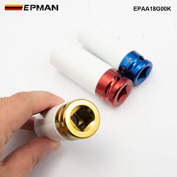 EPMAN 1/2 Inch Drive Metric Extra Thin Wall Deep Wheel Protector Impact Socket Set 17mm 19mm 21mm EPAA18G00K