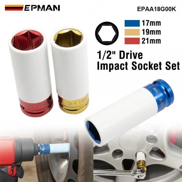 EPMAN 1/2 Inch Drive Metric Extra Thin Wall Deep Wheel Protector Impact Socket Set 17mm 19mm 21mm EPAA18G00K