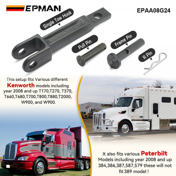 EPMAN A20-6014 Single Tow Hook Compatible with Peterbilt/Kenworth with Pull Pin (A65-6008) and Frame Pin (A65-6007) EPAA08G24 EPMAN A20-6014 Single Tow Hook Compatible with Peterbilt/Kenworth with Pull Pin (A65-6008) and Frame Pin (A65-6007) EPAA08G24