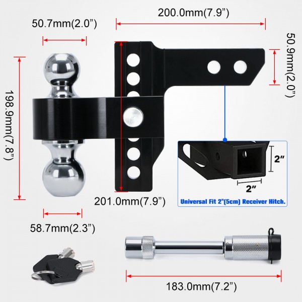 (MOQ:2 SETS) EPMAN Adjustable Trailer Hitch 2" Receiver 6" Drop/Rise Drop Hitch 12500 LBS GTW Ball Mount 2" 2-5/16" Dual Towing Ball Double Locks EPAA12G12