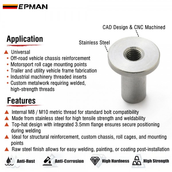 EPMAN M8x1.25mm / M10x1.5mm Female Weld-in Threaded Bush - 25mm Stainless Steel Top Hat Fitting for Off-Road Vehicles
