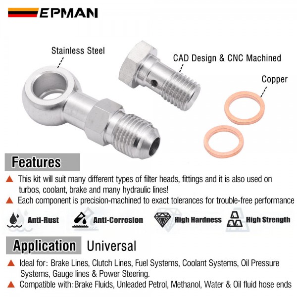 EPMAN Stainless Steel M10 / M11 x 1.0 / M12 / M14 x 1.5 To AN4 Or AN6-6 Banjo Bolts Brake Line Fittings Adapter Thread Single Banjo Bolt Universal EPMAN Stainless Steel M10 / M11 x 1.0 / M12 / M14 x 1.5 To AN4 Or AN6-6 Banjo Bolts Brake Line Fittings Adapter Thread Single Banjo Bolt Universal