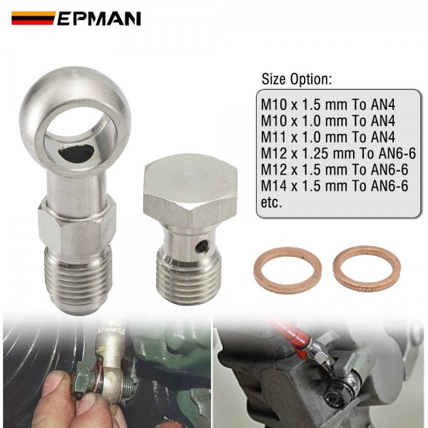 EPMAN Stainless Steel M10 / M11 x 1.0 / M12 / M14 x 1.5 To AN4 Or AN6-6 Banjo Bolts Brake Line Fittings Adapter Thread Single Banjo Bolt Universal EPMAN Stainless Steel M10 / M11 x 1.0 / M12 / M14 x 1.5 To AN4 Or AN6-6 Banjo Bolts Brake Line Fittings Adapter Thread Single Banjo Bolt Universal