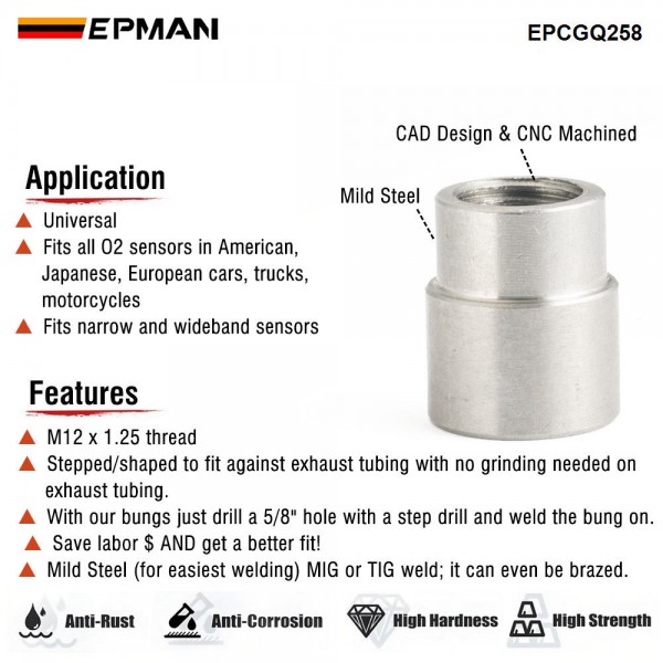 EPMAN Oxygen Sensor Recessed Weld Bung Mild Steel M12*1.25 Thread Fits All O2 Sensors Cars, Trucks, Motorcycles EPCGQ258 EPMAN Oxygen Sensor Recessed Weld Bung Mild Steel M12*1.25 Thread Fits All O2 Sensors Cars, Trucks, Motorcycles EPCGQ258