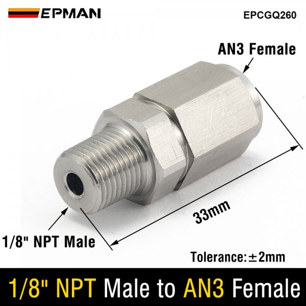 EPMAN Tube Adapter Flare Fitting AN-3 (3AN) Female To 1/8" NPT Male Stainless Steel Oil Tube And Oil Cooling Adapter EPCGQ260 EPMAN Tube Adapter Flare Fitting AN-3 (3AN) Female To 1/8" NPT Male Stainless Steel Oil Tube And Oil Cooling Adapter EPCGQ260