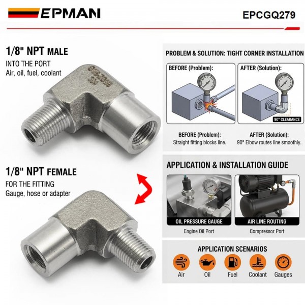 EPMAN Stainless Steel 90 Degree NPT Elbow 1/8 Inch Male to Female Air Oil Fuel Fitting EPCGQ279