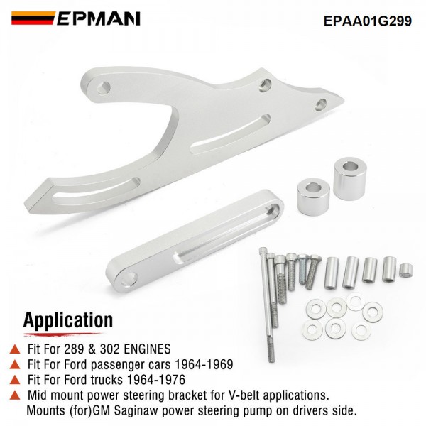 EPMAN Small Block for Ford 289 302 351W Saginaw Power Steering Bracket SBF V-Belt Billet Aluminum EPAA01G299