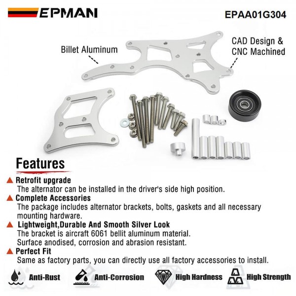 EPMAN LS Truck Alternator & Power Steering Bracket Billet Aluminium For Chevrolet LQ4 LQ9 LY5 4.8L 5.3L 6.0L EPAA01G304